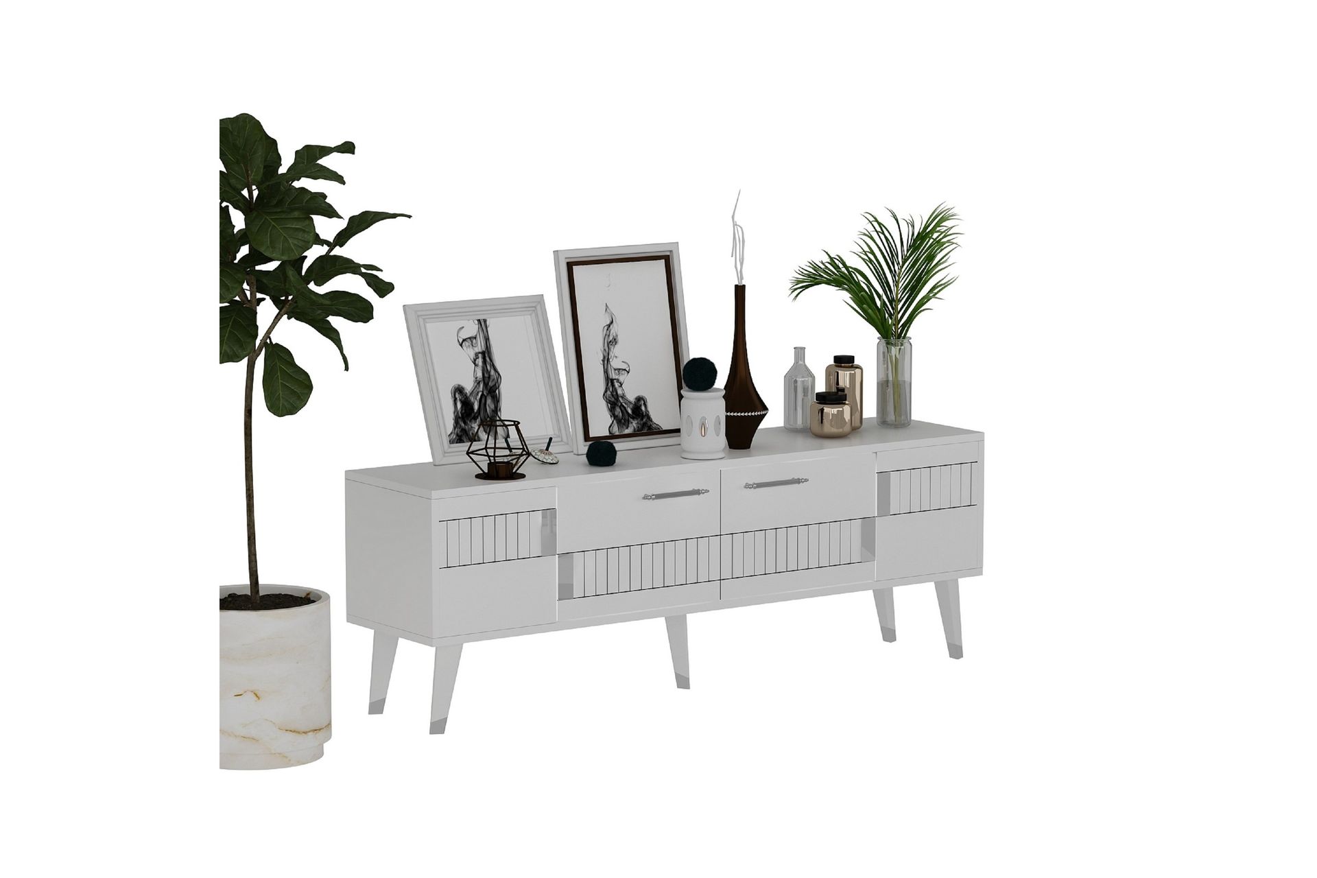 Moda TV-benk 150x35 cm Hvit/Sølv - Hanah Home - Møbler - Mediamøbel & tv møbel - TV-benk & mediabenk