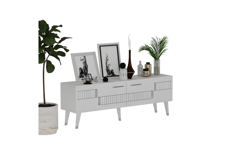 Moda TV-benk 150x35 cm Hvit/Sølv - Hanah Home - Møbler - Mediamøbel & tv møbel - TV-benk & mediabenk