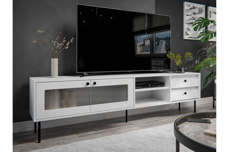 Akilesh Gulvstående TV-benk 200 cm med Oppbevaring i Malt Tre - Hvit - Møbler - Mediamøbel & tv møbel - TV-benk & mediabenk