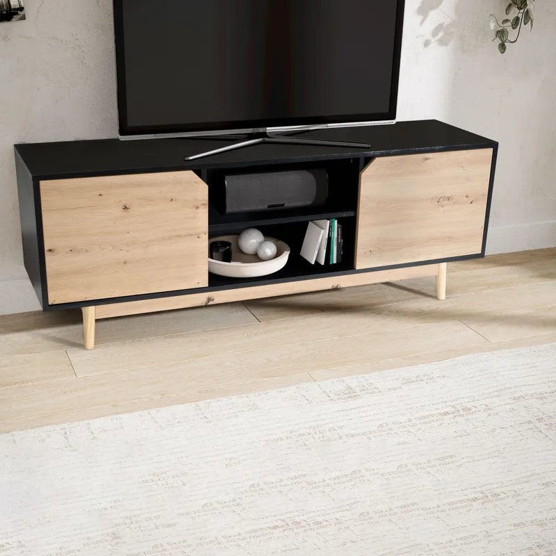 Alaro TV-benk 150 cm - Svart med eikefargede fronter/ben - Møbler - Mediamøbel & tv møbel - TV-benk & mediabenk