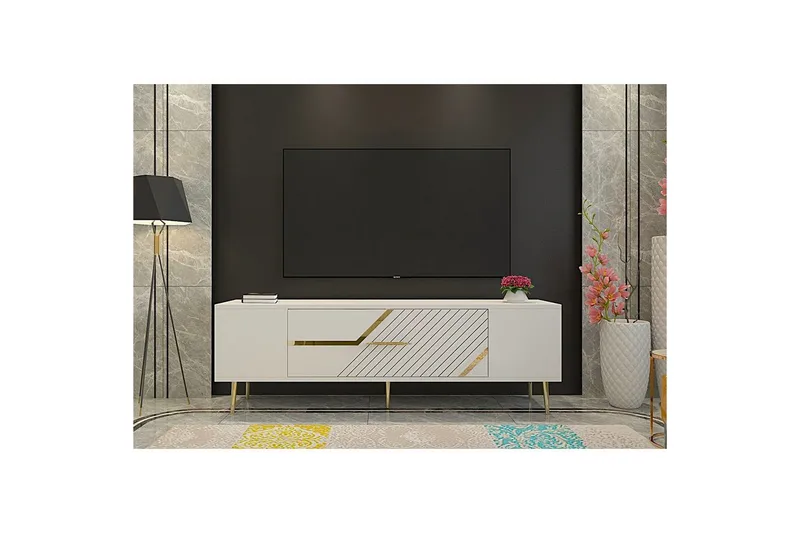 Anira TV-benk 150 cm - Hvit/Gull - Møbler - Mediamøbel & tv møbel - TV-benk & mediabenk