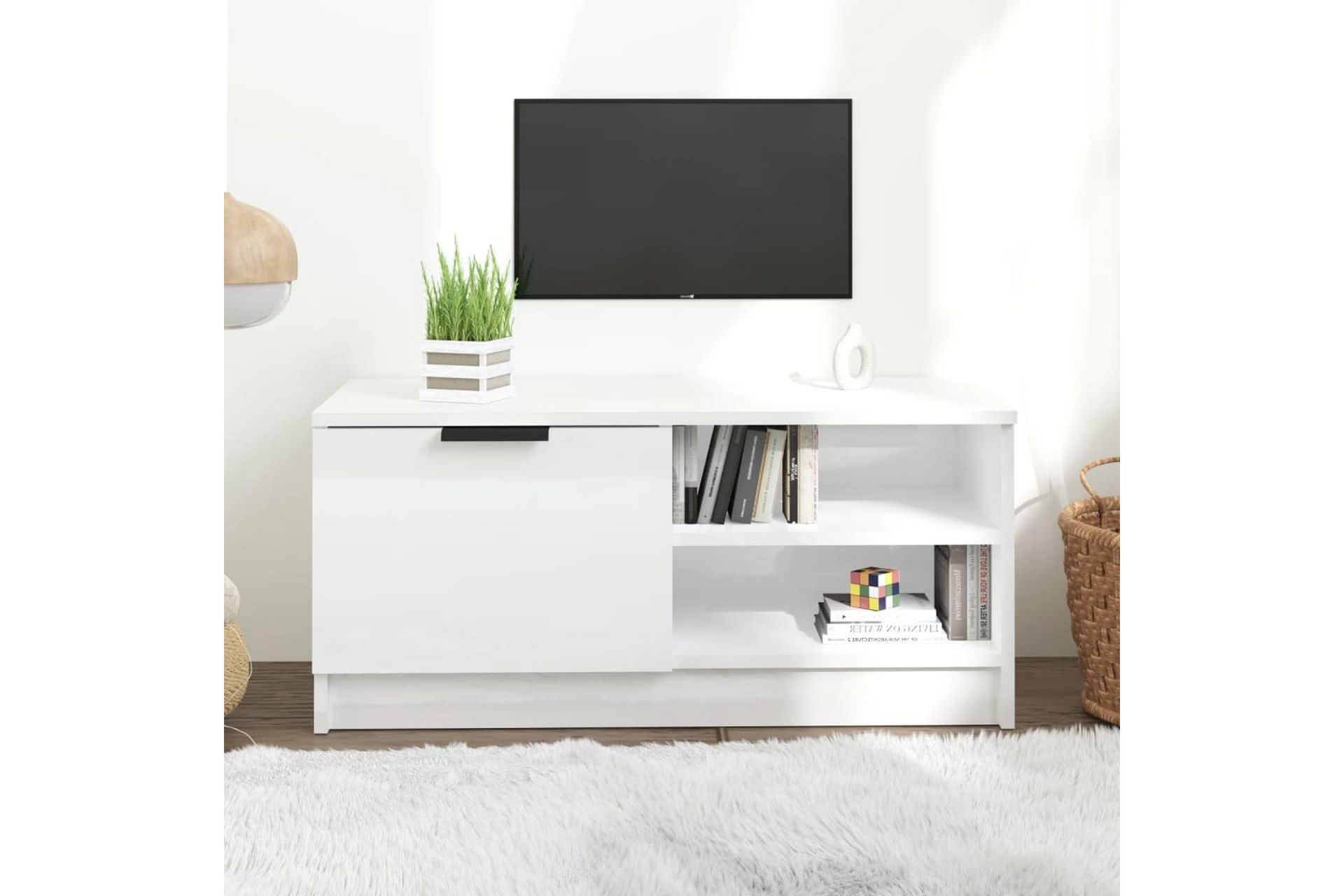 beBasic TV-benk høyglans hvit 80x35x36,5 cm konstruert tre - Hvit - Møbler - Mediamøbel & tv møbel - TV-benk & mediabenk