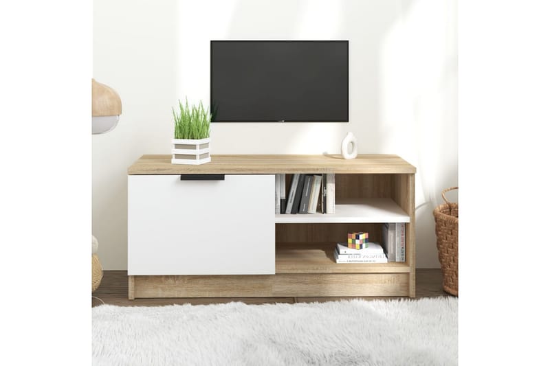 beBasic TV-benk hvit og sonoma eik 80x35x36,5 cm konstruert tre - Beige - TV-benk & mediabenk