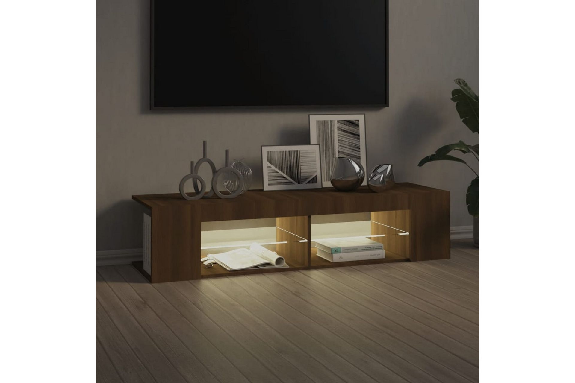 beBasic TV-benk med LED-lys brun eik 135x39x30 cm - Brun - Møbler - Mediamøbel & tv møbel - TV-benk & mediabenk