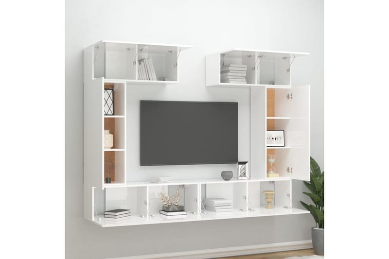 beBasic TV-benksett 6 deler høyglans hvit konstruert tre - Hvit - TV-benk & mediabenk