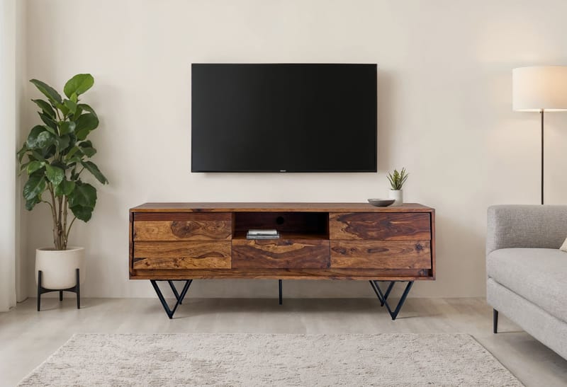 Belano TV-benk 160 cm industriell stil - Varm brun med svarte ben - Møbler - Mediamøbel & tv møbel - TV-benk & mediabenk