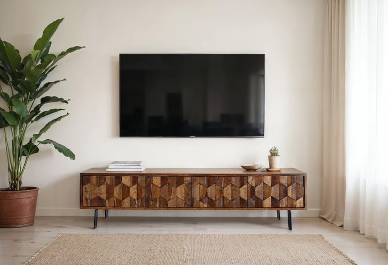 Belara TV-benk 160 cm 3D-mønster - Varm lysebrun med flerfargede fronter og svarte ben - Møbler - Mediamøbel & tv møbel - TV-benk & mediabenk