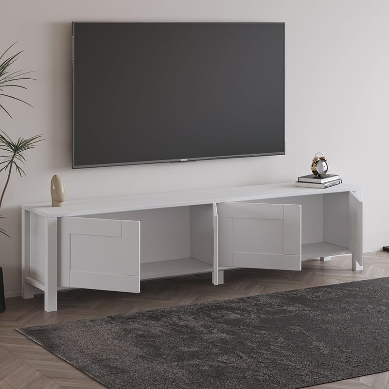Belor Gulvstående TV-benk 160 cm med Oppbevaring i Malt Tre - Hvit - Møbler - Mediamøbel & tv møbel - TV-benk & mediabenk