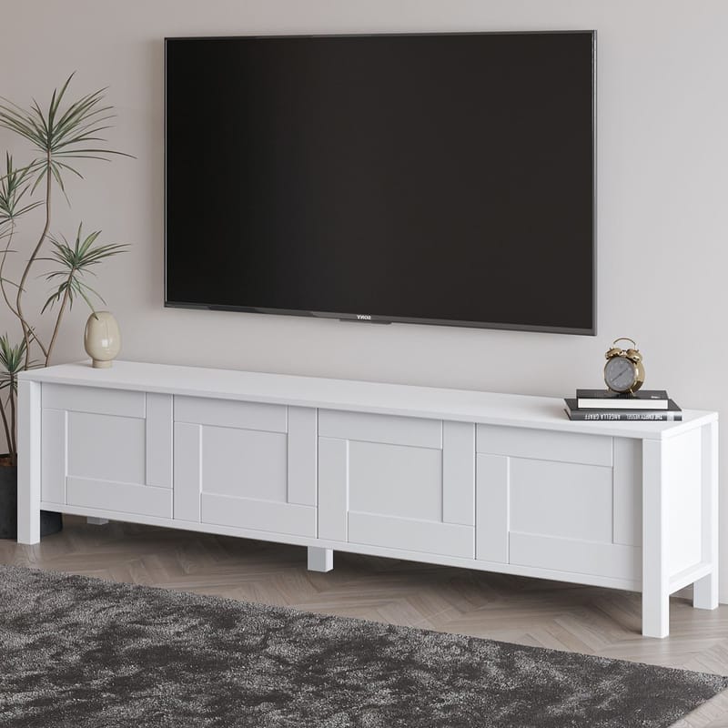 Belor Gulvstående TV-benk 160 cm med Oppbevaring i Malt Tre - Hvit - Møbler - Mediamøbel & tv møbel - TV-benk & mediabenk