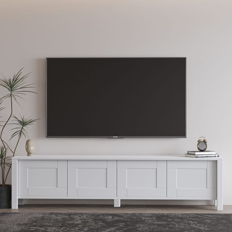 Belor Gulvstående TV-benk 160 cm med Oppbevaring i Malt Tre - Hvit - Møbler - Mediamøbel & tv møbel - TV-benk & mediabenk