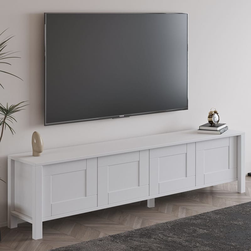Belor Gulvstående TV-benk 160 cm med Oppbevaring i Malt Tre - Hvit - Møbler - Mediamøbel & tv møbel - TV-benk & mediabenk