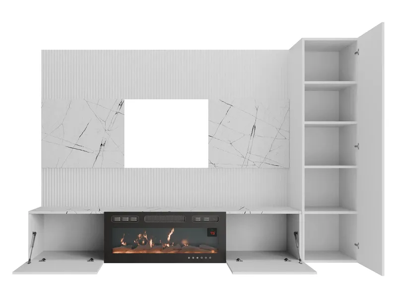 Bernice TV-veggskap 220 cm elektrisk peis med varmefunksjon og LED-belysning - beige, brun - Møbler - Mediamøbel & tv møbel - TV-skap