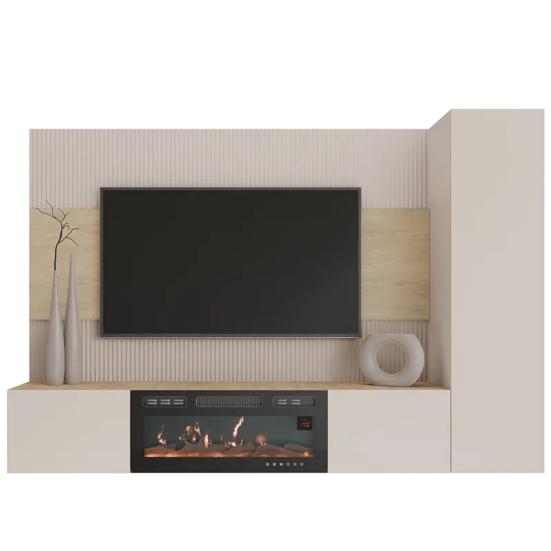 Bernice TV-veggskap 220 cm elektrisk peis med varmefunksjon og LED-belysning, beige, brun