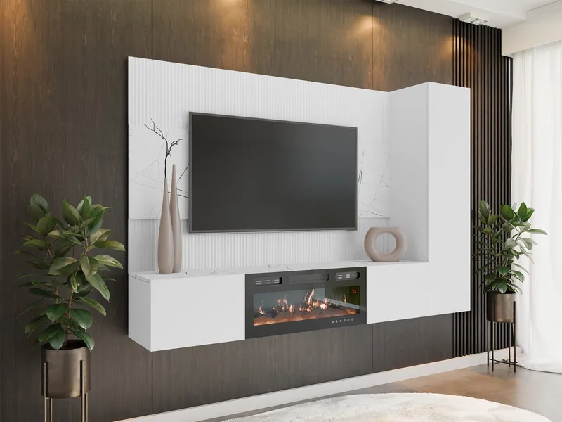 Bernice TV-veggskap 220 cm elektrisk peis med varmefunksjon og LED-belysning - hvit - Møbler - Mediamøbel & tv møbel - TV-skap