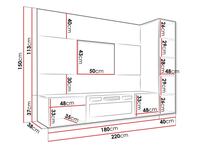 Bernice TV-veggskap 220 cm elektrisk peis med varmefunksjon og LED-belysning - beige, brun - Møbler - Mediamøbel & tv møbel - TV-skap