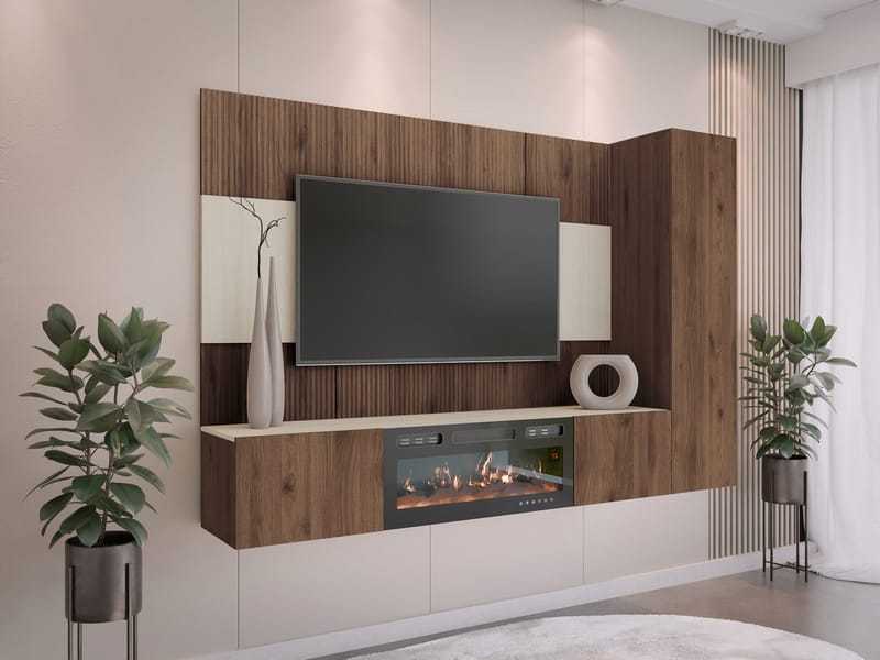 Bernice TV-veggskap 220 cm elektrisk peis med varmefunksjon og LED-belysning - brun - Møbler - Mediamøbel & tv møbel - TV-skap