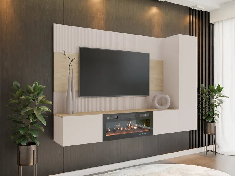 Bernice TV-veggskap 220 cm elektrisk peis med varmefunksjon og LED-belysning - beige, brun - Møbler - Mediamøbel & tv møbel - TV-skap
