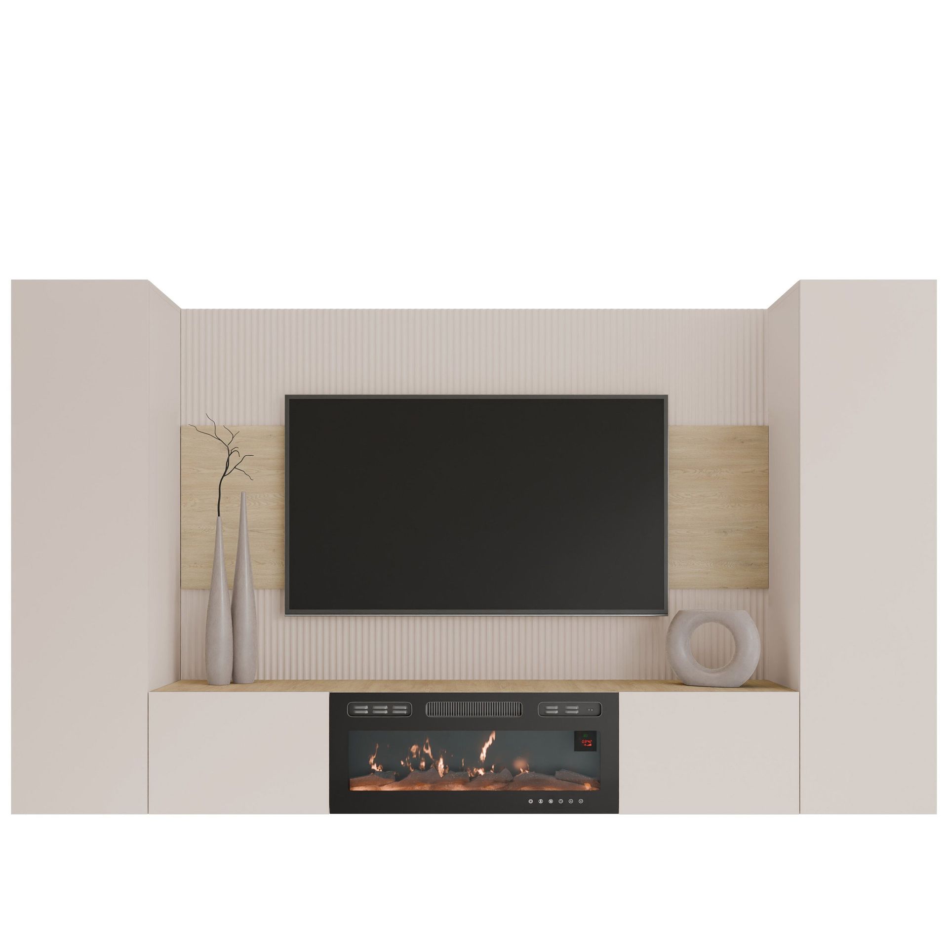 Bernice TV-veggskap 260 cm elektrisk peis med varmefunksjon og LED-belysning - beige, brun