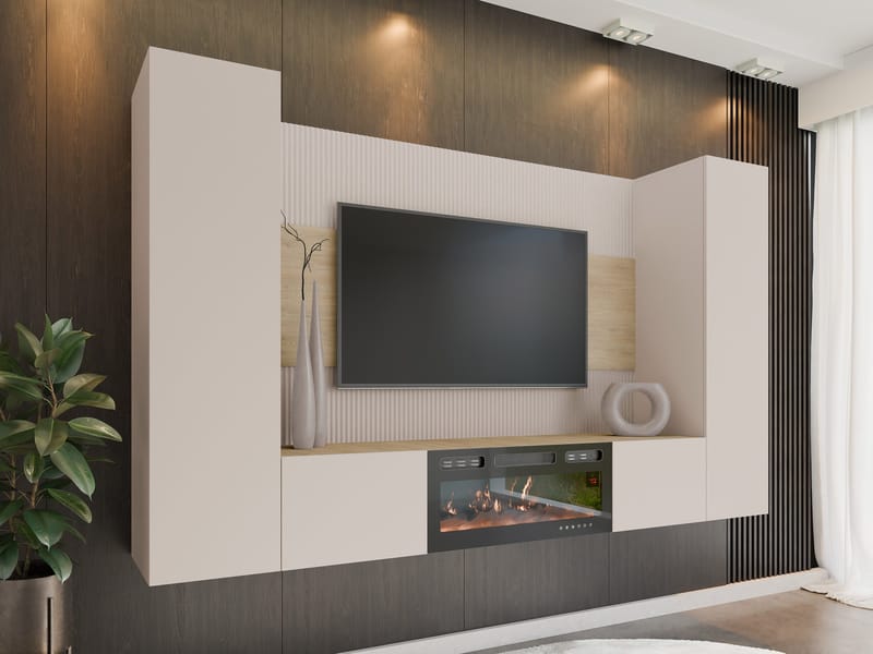 Bernice TV-veggskap 260 cm elektrisk peis med varmefunksjon og LED-belysning - beige, brun - Møbler - Mediamøbel & tv møbel - TV-skap