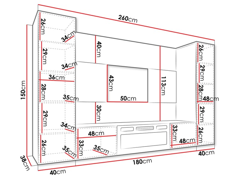 Bernice TV-veggskap 260 cm elektrisk peis med varmefunksjon og LED-belysning - beige, brun - Møbler - Mediamøbel & tv møbel - TV-skap