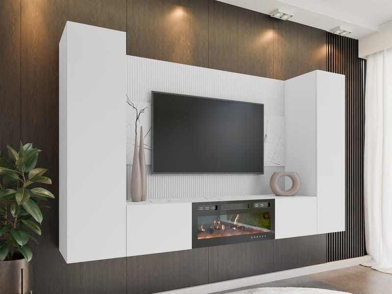 Bernice TV-veggskap 260 cm elektrisk peis med varmefunksjon og LED-belysning - hvit - Møbler - Mediamøbel & tv møbel - TV-skap