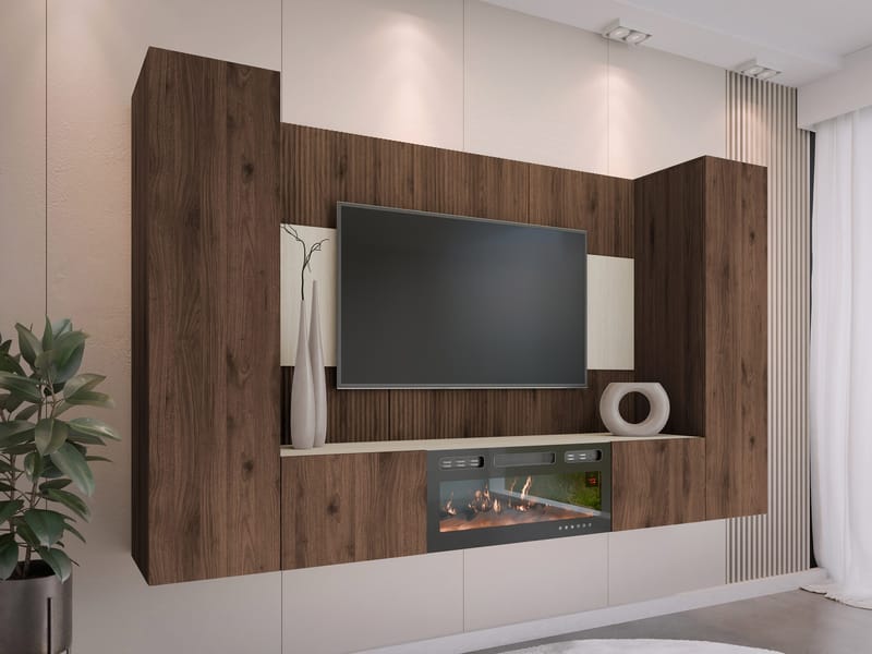 Bernice TV-veggskap 260 cm elektrisk peis med varmefunksjon og LED-belysning - brun - Møbler - Mediamøbel & tv møbel - TV-skap