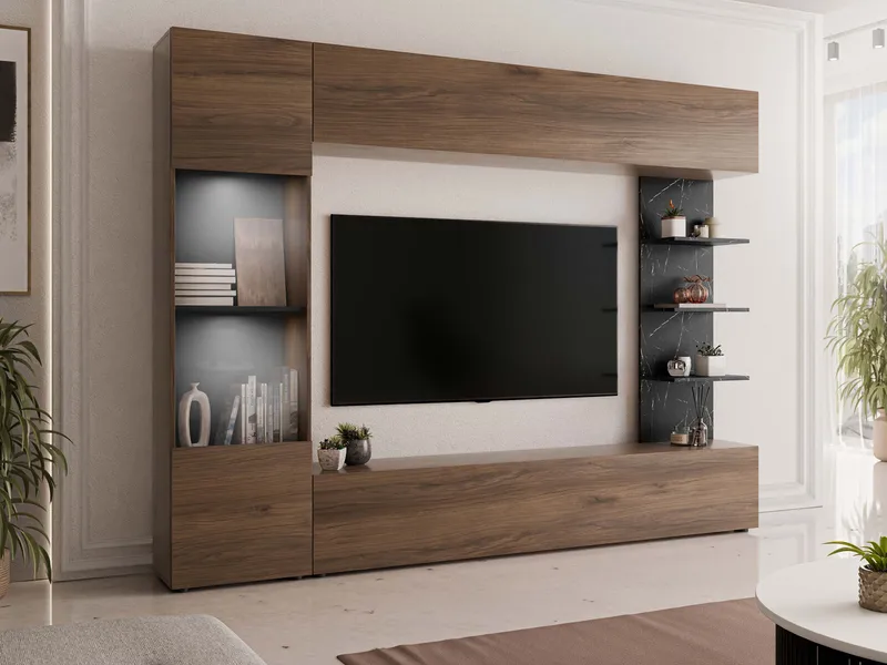 Bunda TV-veggseksjon med LED-belysning 250 cm - hvit - Møbler - Mediamøbel & tv møbel - TV-møbelsett