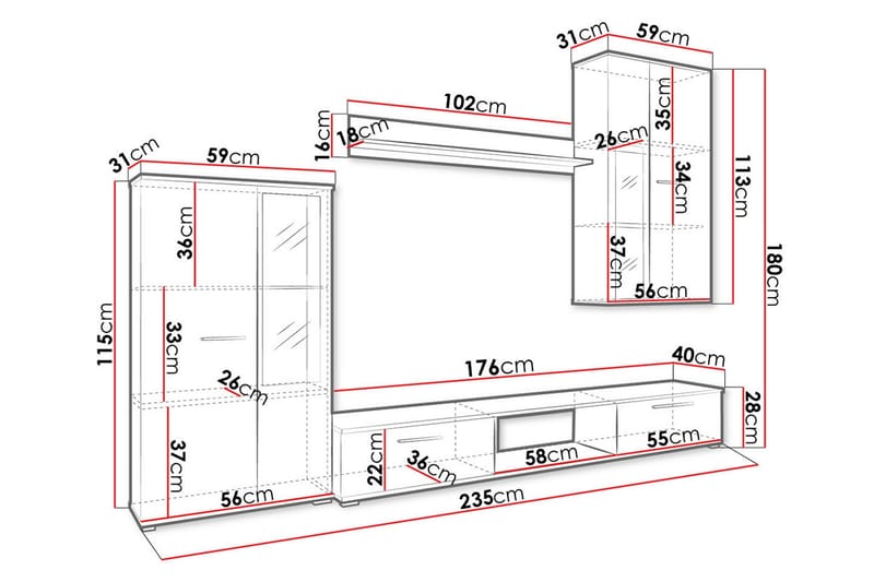 Bunta TV-møbelsett 235x40 cm - Hvit - Møbler - Mediamøbel & tv møbel - TV-møbelsett