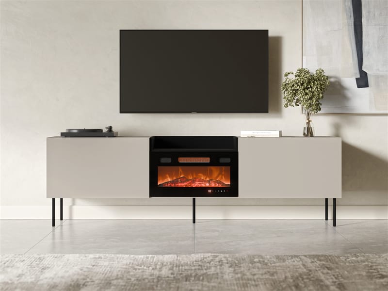 Clarinor TV-benk 200 cm med peis med varmefunksjon - Beige|svart - Møbler - Mediamøbel & tv møbel - TV-benk & mediabenk