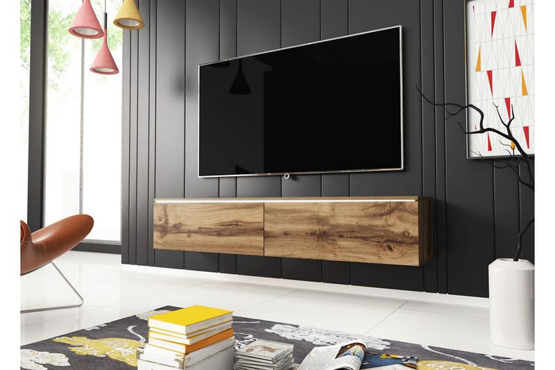 Cuguen TV-benk 140 cm LED-belysning - Tre/Natur|Hvit LED - TV-benk & mediabenk