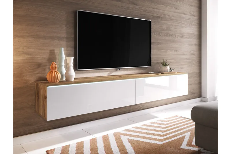Cuguen TV-benk 180 cm LED-belysning - Tre/Natur|Hvit|Hvit LED - Møbler - Mediamøbel & tv møbel - TV-benk & mediabenk