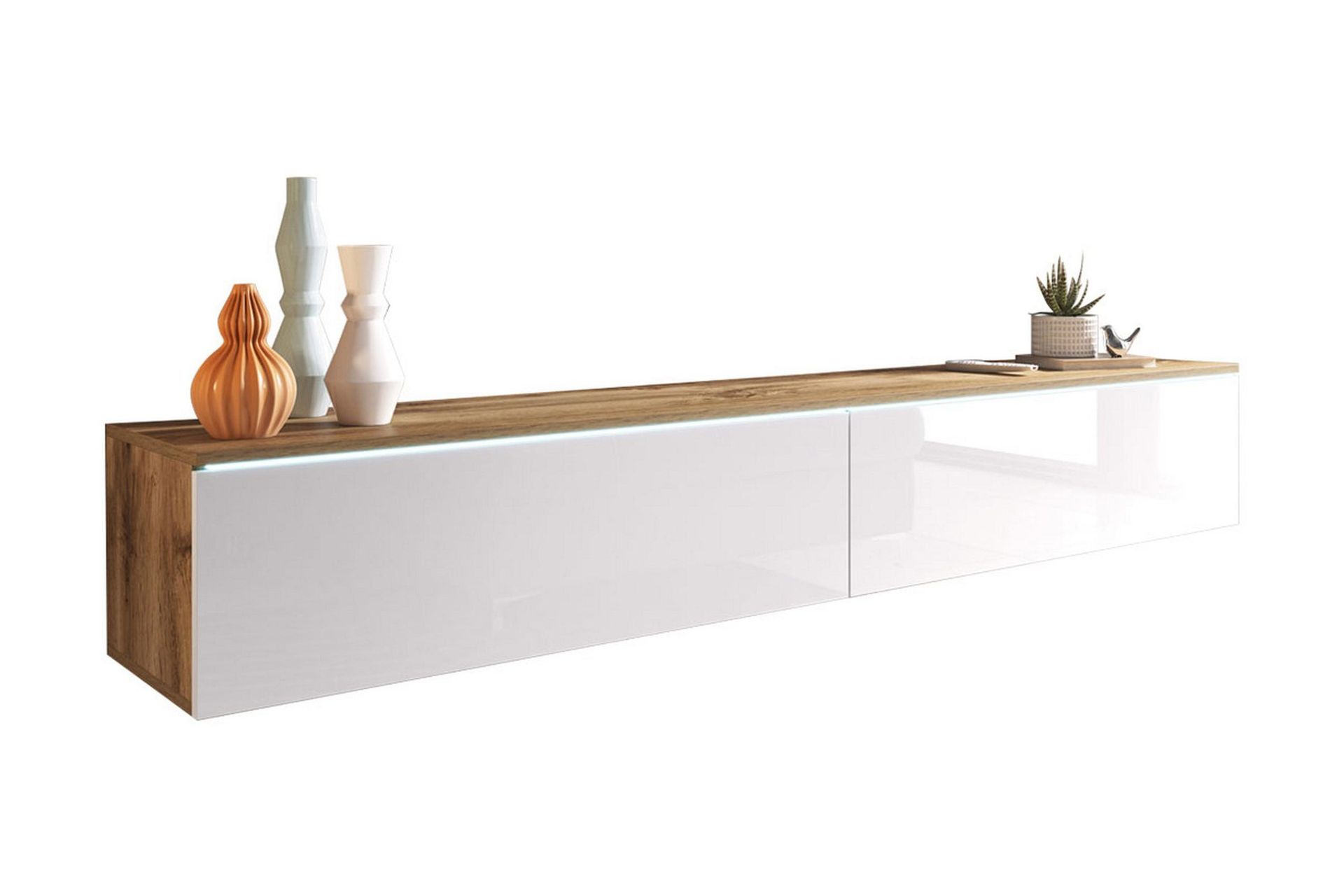 Cuguen TV-benk 180 cm LED-belysning - Tre/Natur|Hvit|Hvit LED