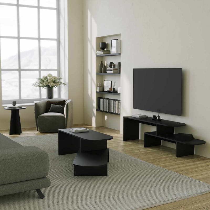 Deliones TV-benk 130 cm Uttrekkbar med Oppbevaring i Malt Tre - Svart - Møbler - Mediamøbel & tv møbel - TV-benk & mediabenk