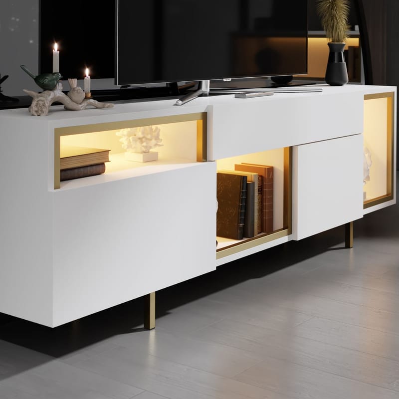 Denvar TV-benk 180x55x32 cm - hvit og gull - Møbler - Mediamøbel & tv møbel - TV-benk & mediabenk