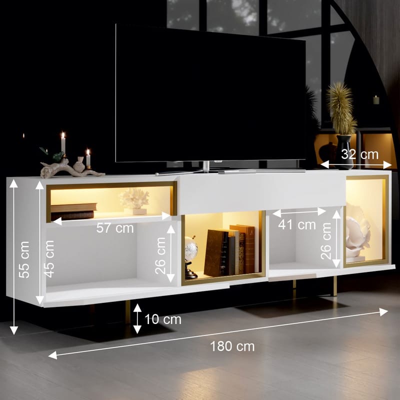 Denvar TV-benk 180x55x32 cm - hvit og gull - Møbler - Mediamøbel & tv møbel - TV-benk & mediabenk