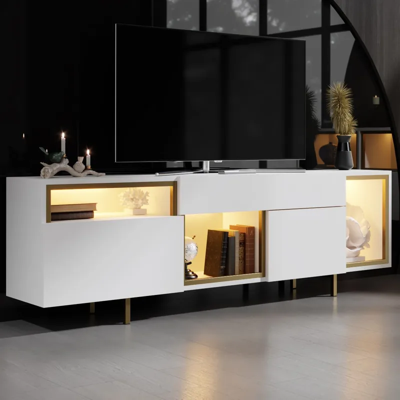 Denvar TV-benk 180x55x32 cm - hvit og gull - Møbler - Mediamøbel & tv møbel - TV-benk & mediabenk