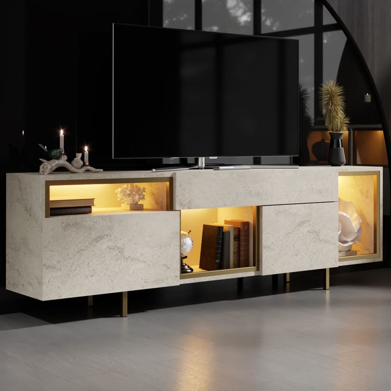 Denvar TV-benk 180x55x32 cm - travertin og gull - Møbler - Mediamøbel & tv møbel - TV-benk & mediabenk