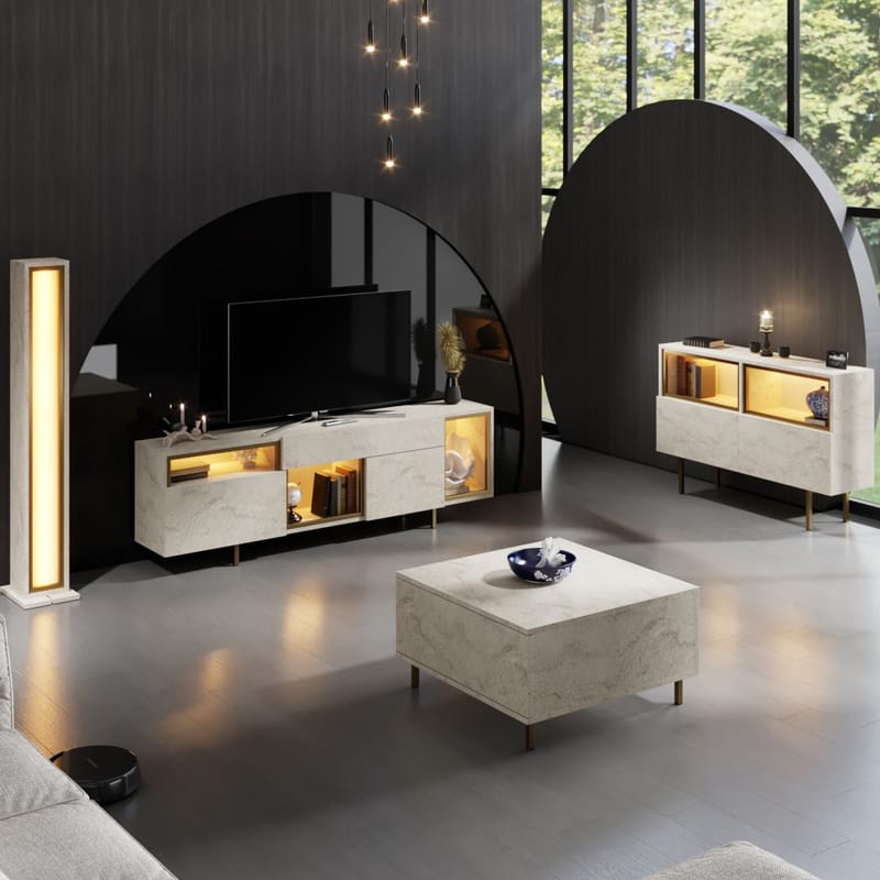 Denvar TV-benk 180x55x32 cm - travertin og gull - Møbler - Mediamøbel & tv møbel - TV-benk & mediabenk