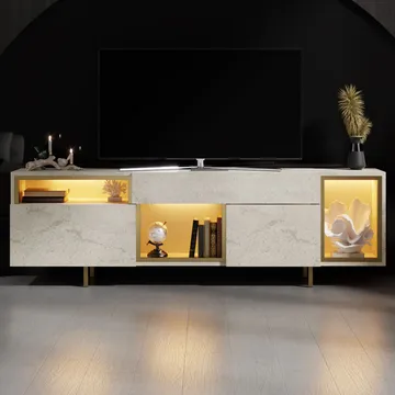 Denvar TV-benk 180x55x32 cm - travertin og gull - Møbler - Mediamøbel & tv møbel - TV-benk & mediabenk