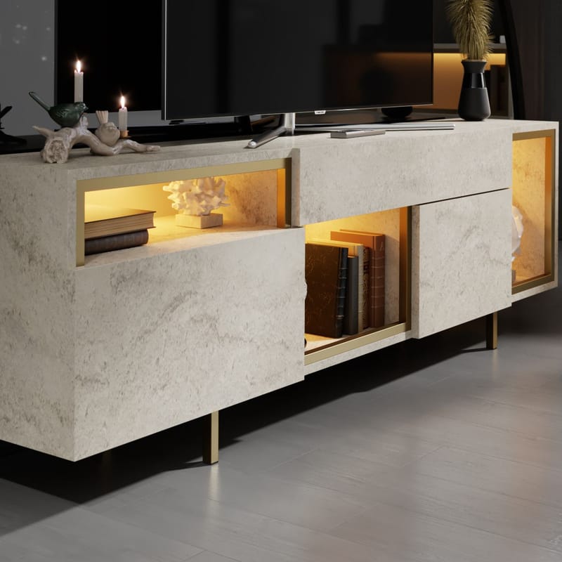 Denvar TV-benk 180x55x32 cm - travertin og gull - Møbler - Mediamøbel & tv møbel - TV-benk & mediabenk