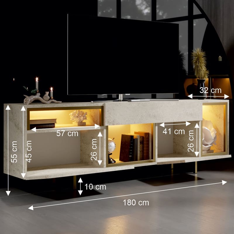 Denvar TV-benk 180x55x32 cm - travertin og gull - Møbler - Mediamøbel & tv møbel - TV-benk & mediabenk