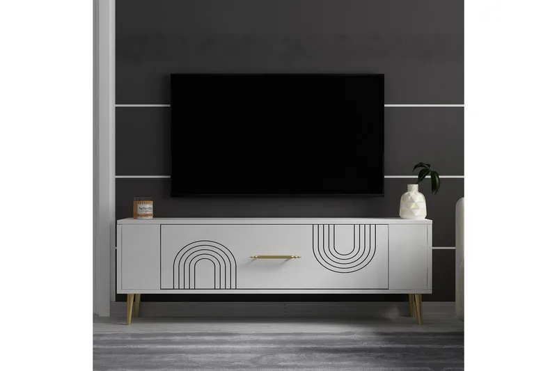 Deyric TV-benk 120 cm - Hvit/Gull - Møbler - Mediamøbel & tv møbel - TV-benk & mediabenk