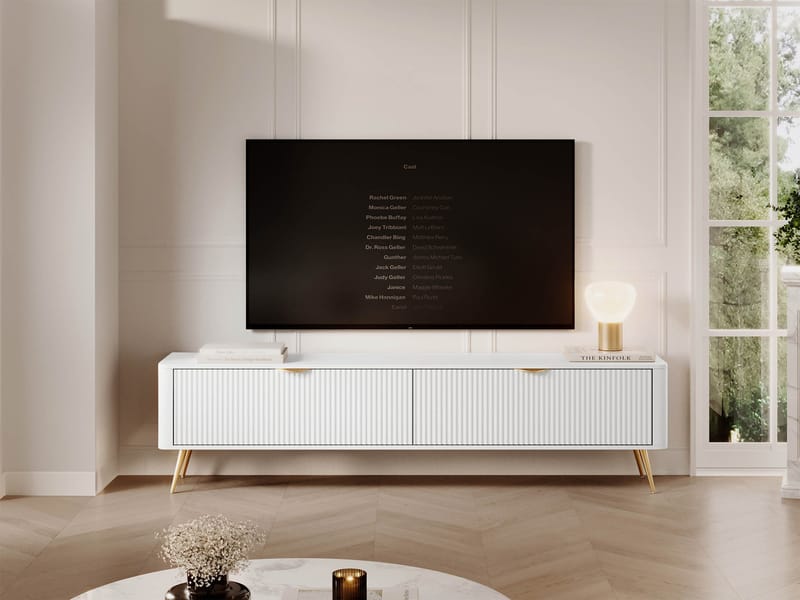 Forba Gulvstående TV-benk 200 cm med Oppbevaring i Malt Tre - Hvit - Møbler - Mediamøbel & tv møbel - TV-benk & mediabenk