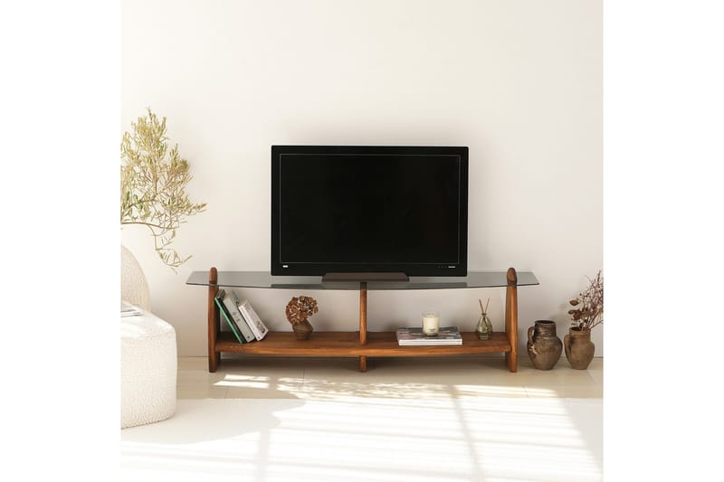 Guinn Frittstående TV-benk 160 cm med Oppbevaring i Tre med Glassplate - Brun - Møbler - Mediamøbel & tv møbel - TV-benk & mediabenk