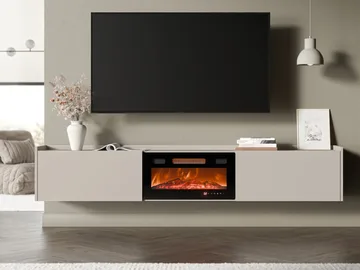 Jovren TV-benk 200 cm med peis med varmefunksjon - Beige|svart - Møbler - Mediamøbel & tv møbel - TV-benk & mediabenk