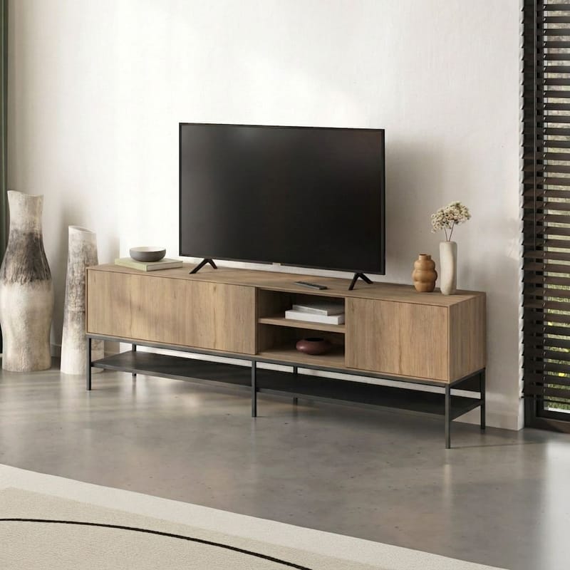 Kenvor TV-benk 180 cm - Naturlig eik, tre svart, svart - Møbler - Mediamøbel & tv møbel - TV-benk & mediabenk