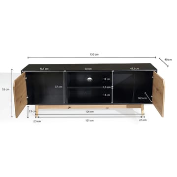 Lav TV-benk Wohnling Eik, svart, 150 cm - Svart med eikefargede fronter/ben - Møbler - Mediamøbel & tv møbel - TV-benk & mediabenk