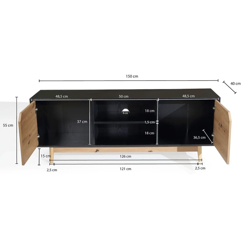 Lav TV-benk Wohnling Eik, svart, 150 cm - Svart med eikefargede fronter/ben - Møbler - Mediamøbel & tv møbel - TV-benk & mediabenk