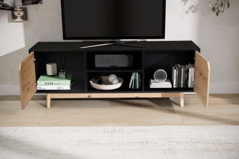 Lav TV-benk Wohnling Eik, svart, 150 cm - Svart med eikefargede fronter/ben - Møbler - Mediamøbel & tv møbel - TV-benk & mediabenk