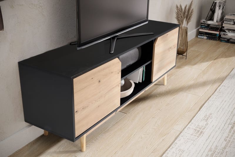 Lav TV-benk Wohnling Eik, svart, 150 cm - Svart med eikefargede fronter/ben - Møbler - Mediamøbel & tv møbel - TV-benk & mediabenk